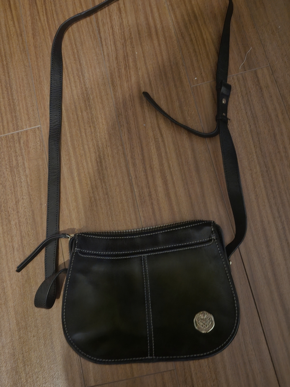 Vince Camuto Black Leather Crossbody with Gold Medallion